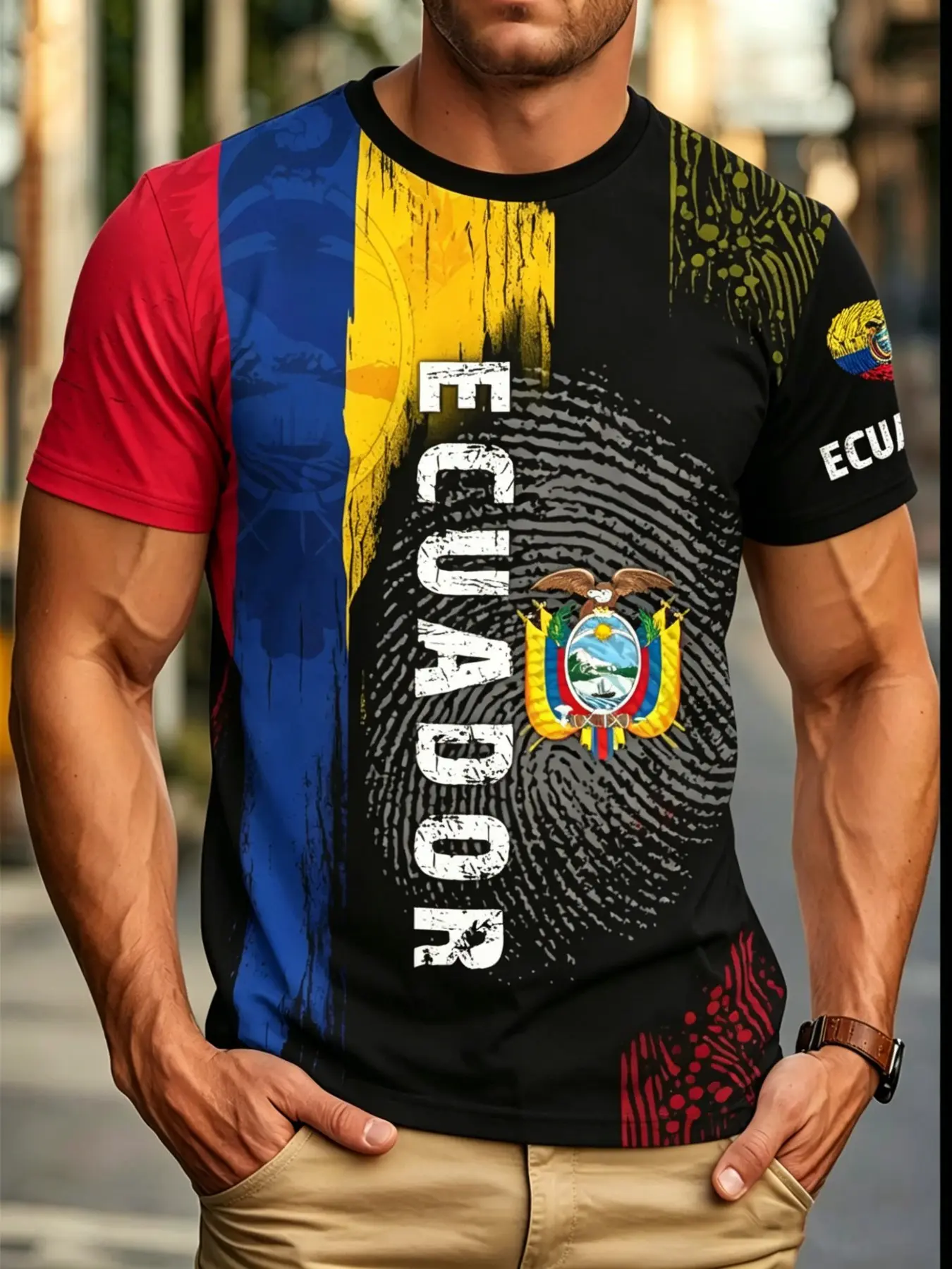 Men's Ecuador Style Flag Print Round Neck T-Shirt, casual sporty top Patriotic Street athletic style Style Sporty Fitness Top, Ecuador Pride Pattern, Long Sleeve, All Seasons