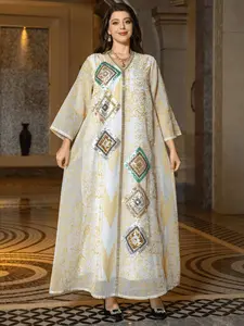 Hafizah Vintage Gold Thread Rhombus Sequin Long Dress, Three-Quarter Sleeve Loose Fit Evening Gown, Women's Party Wear