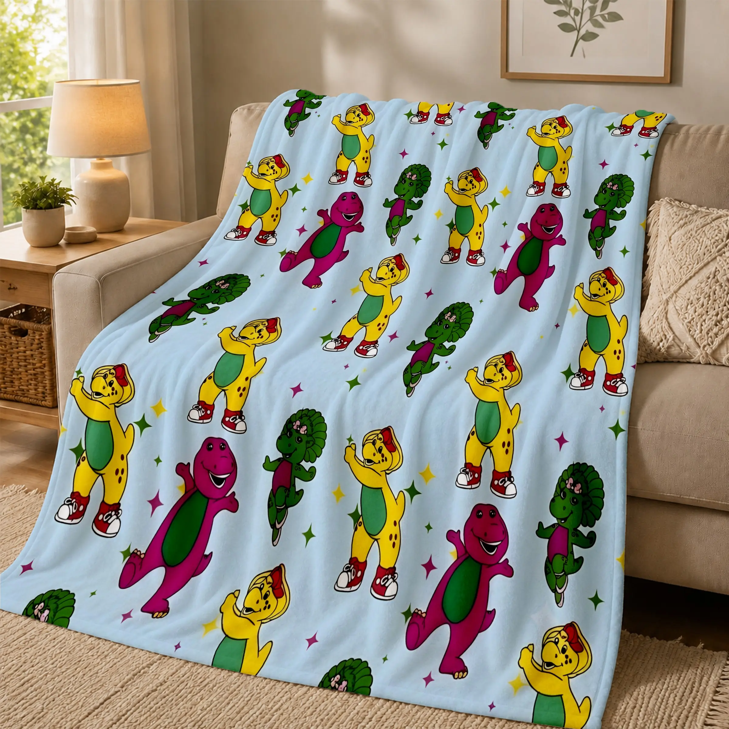 Cute Dinosaur Graphic Plush Throw Blanket, Ultra Soft Light Blue, Perfect for Cozy Room Decor, Ideal Warm Gift, Pure 90s Nostalgia Style