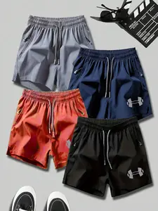 4-Pack Sport Shorts for Gym Training, Classic Ua Logo Print, Lightweight Quick-Dry Fabric, Unisex Fitness Wear, All-Season Comfort