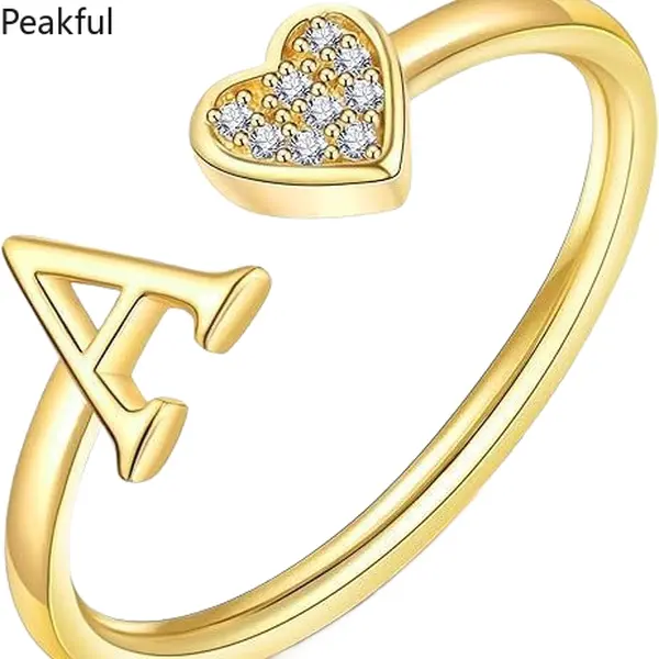 Personalized 26 Initial Letter Open Ring Cubic Zirconia Heart Statement Ring Adjustable Alphabet Finger Band Aesthetic Gold Jewelry Gifts
