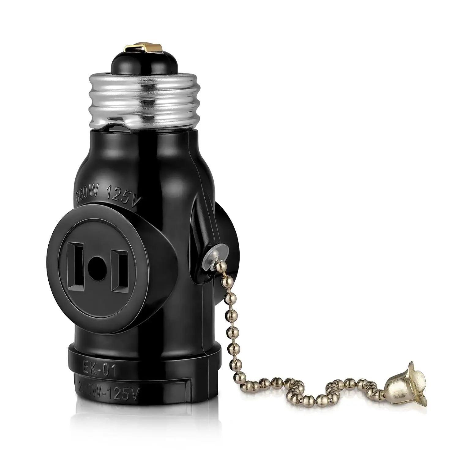 2 Outlet Light Socket Adapter,E26 Bulb Socket to Outlet Splitter,Converts Medium Screw Socket into a Socket with Two outlets,Polarized Outlet,with Pull Chain . UL Listed, Black (1-Pack)