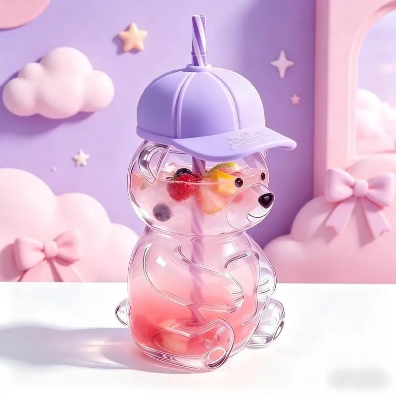Cute Bear Shaped Glass Cup Bottle Tumbler Drinkware Water Bottles- 20oz, New 2026 Model, with Lid and Straw, Ideal for Coffee and Milk Tea, Reusable Gift for Birthdays and Holidays