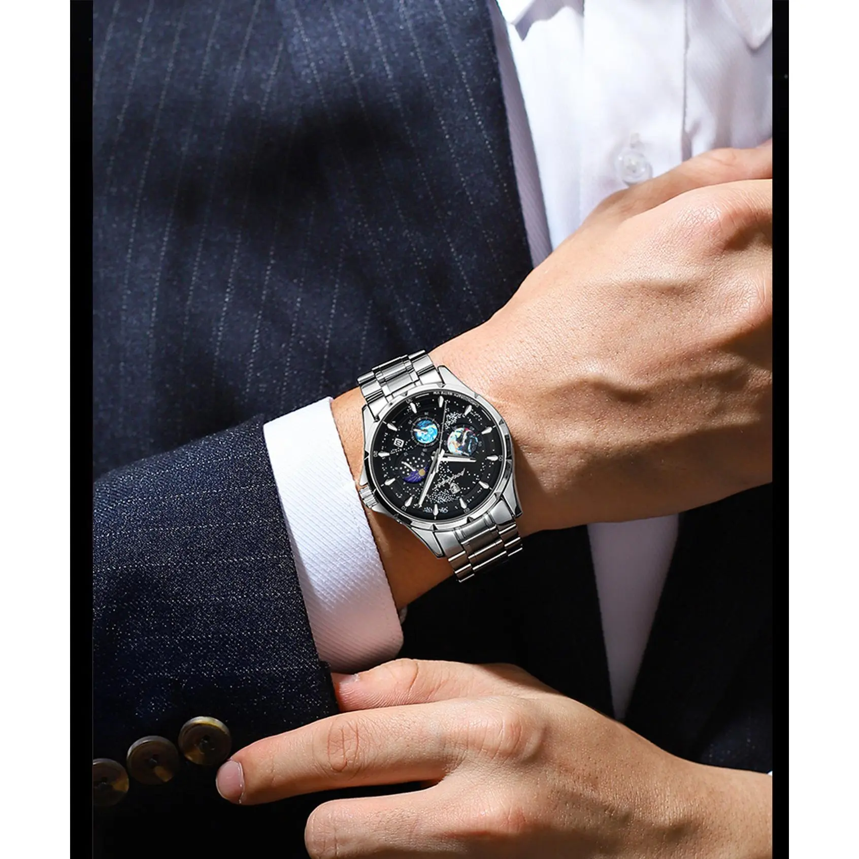 Men's Ultra-Slim Sports Watch - 42mm Chronograph Quartz Watch, Onion Crown, Luminous Moon Phase, Tachymeter, 50M Water Resistant, Stainless Steel Band, Round Face Men's Ultra-Slim Sports Watch - 42mm Chronograph Quartz Watch, Onion Crown, Luminous Moon Phase, Tachymeter, 50M Water Resistant, Stainless Steel Band, Round Face