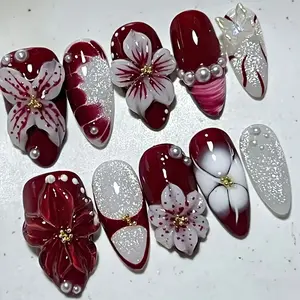 10pcs DANArtlux Burgundy Press On Nails Suitable for Women - Almond Shape Medium Length Full Cover Reusable Fake Nails with 3D Flower Glitter Tips, Glossy Nail Tips for Spring Summer Wedding Party Daily Wear, Application