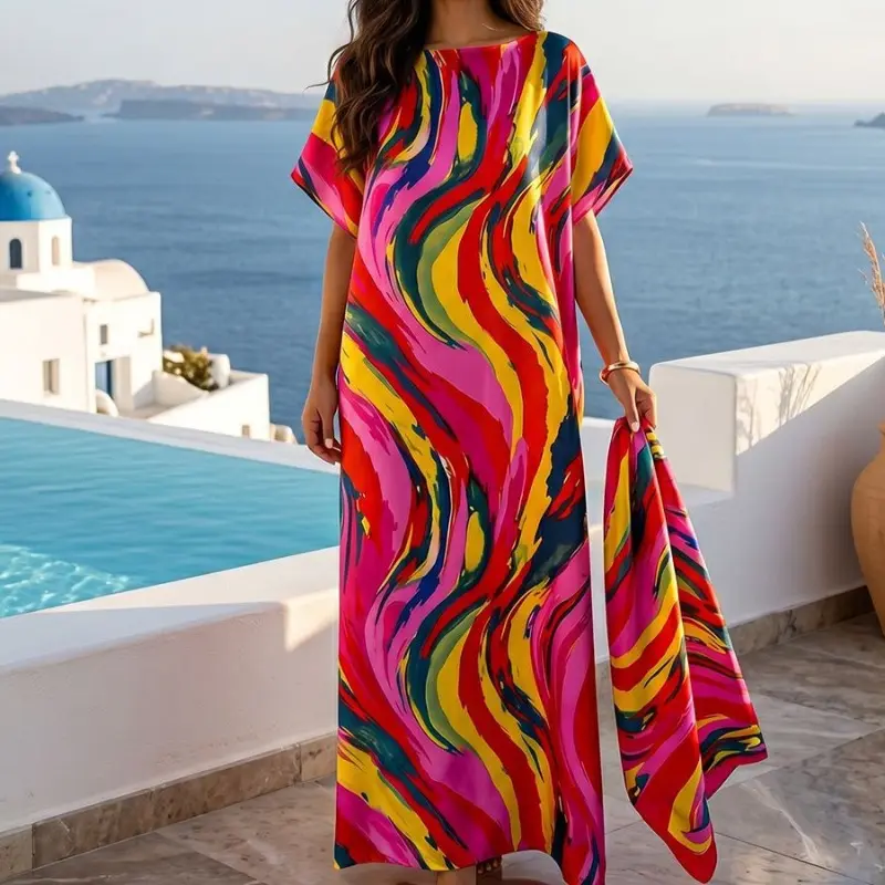 Women's Non-Elastic Sleek Loose Robe Dress & Matching Color Headscarf Polyester Fashion Set