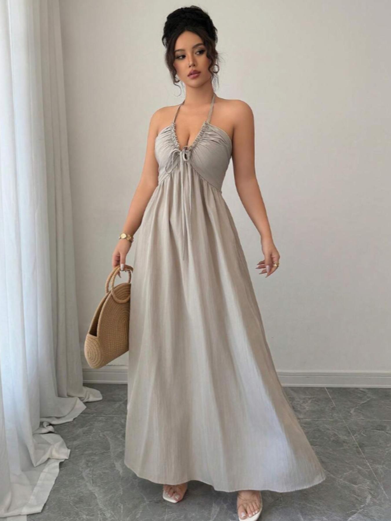 Women's A-Line Sleeveless Dress with Adjustable Straps, Stylish Lace-Up Detail for Summer, Casual Elegant Fashion for Women