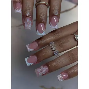 24pcs Medium Square Press On Nails For Women Girls 3D Embossed White French Flower Alloy Beads Acrylics Fake Nails Clean Girl Aesthetic Daily Date Wear With Glue File