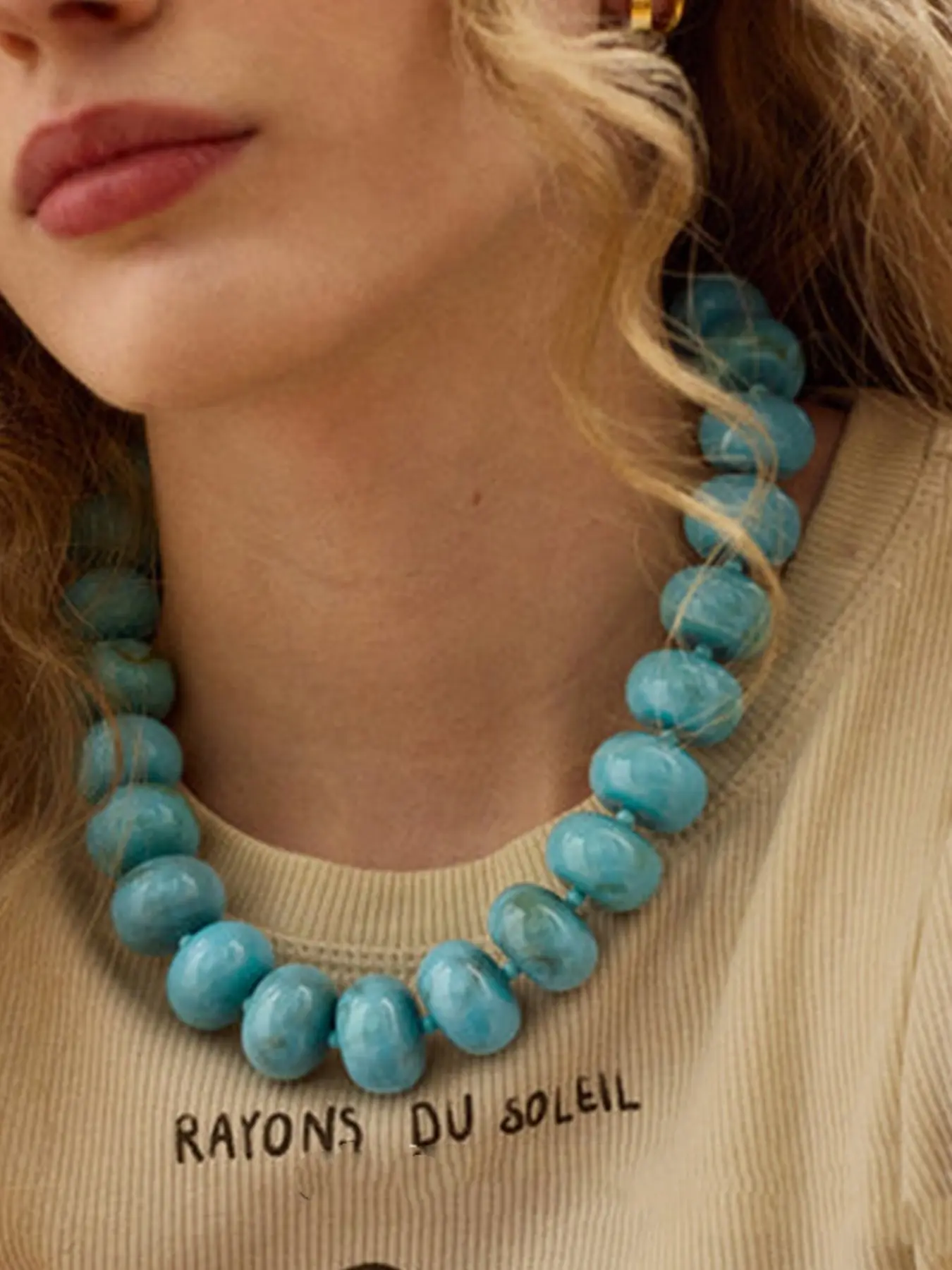 Chunky Turquoise Bead Necklace, Adjustable Vintage Coastal Cowgirl Style, Natural Texture Imitation Turquoise, Women's Unique Fashion Jewelry