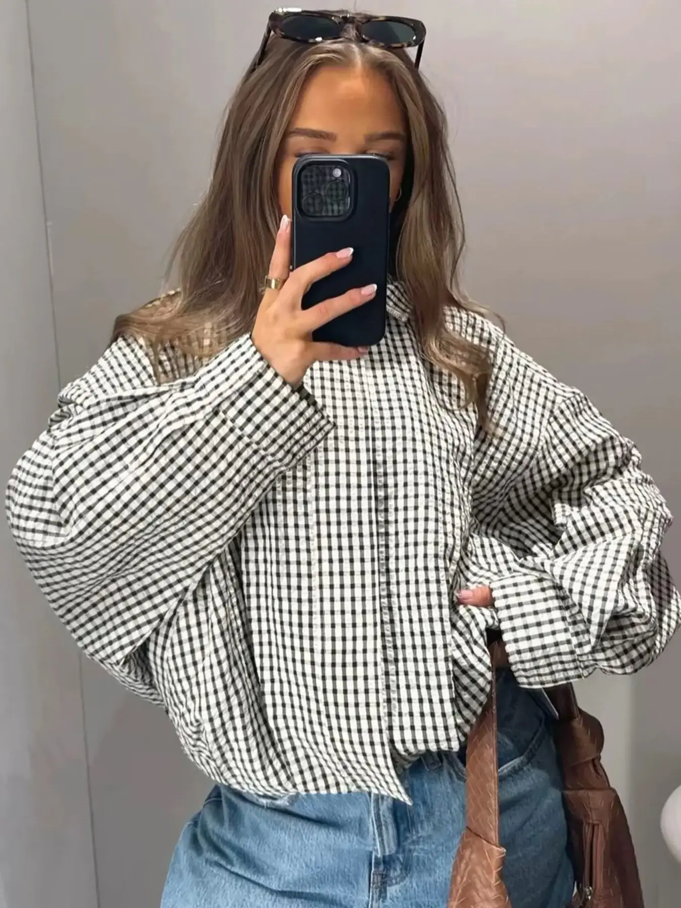 Plaid Oversized Loose Jacket Women's Bomber Jacket Spring Autumn 2026 Casual Fall Jacket Stand Collar Zip-Up Pilot Coat Outerwear, Casual Fashionable Outerwear, Office Commutes & Brunch Dates