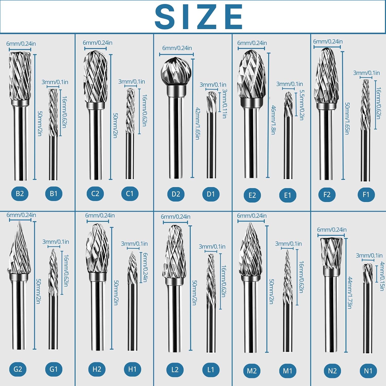 20 count Double Cut Carbide Rotary Burr Set 1/8" Shank Compatible with Dremel for Metal Glass Woodworking, Drilling, Carving, Engraving, Polishing  with 2 Collets