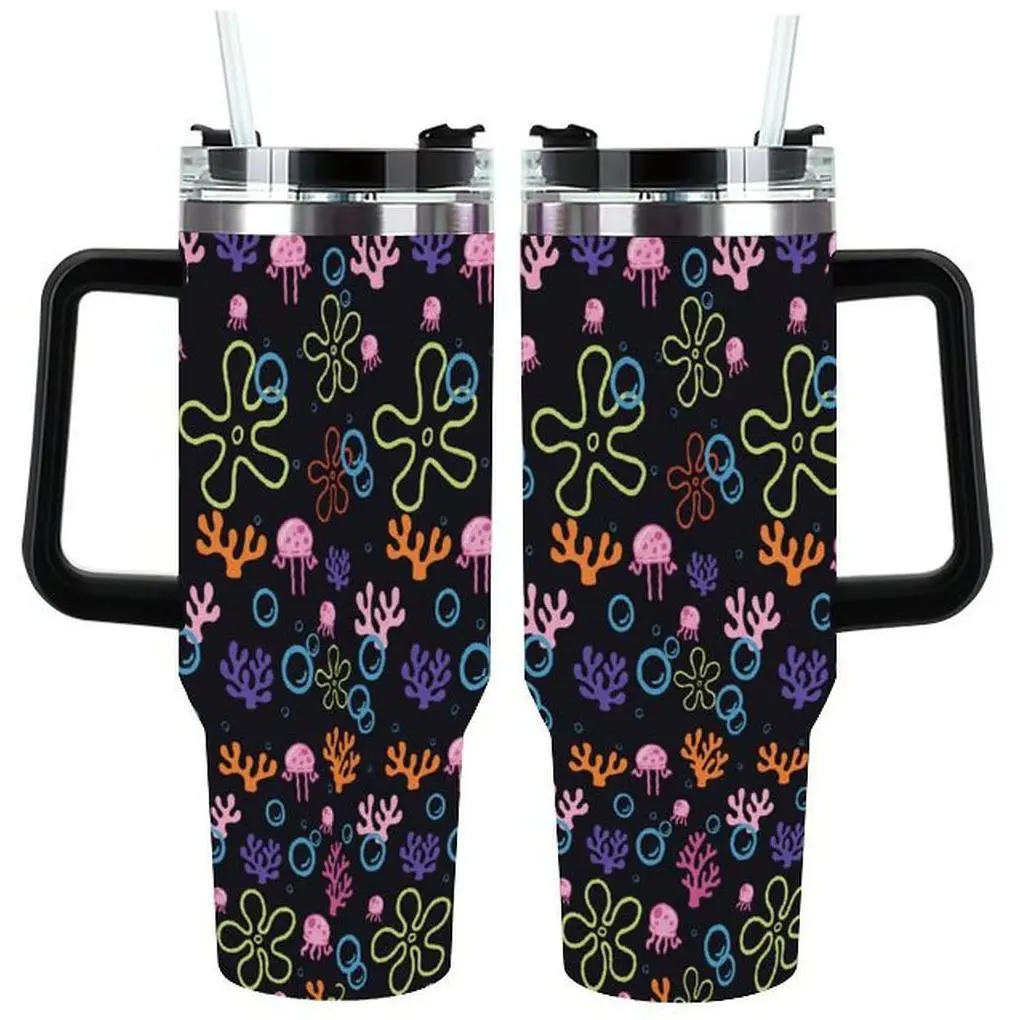 Retro Cartoon Underwater Tumbler |   Neon Black Jellyfish Coral Seaweed Insulated Stainless Steel Travel Cup |   Nostalgic Ocean Anime Tumbler for Car |   Birthday Gift for Cartoon Fans Ocean Lovers