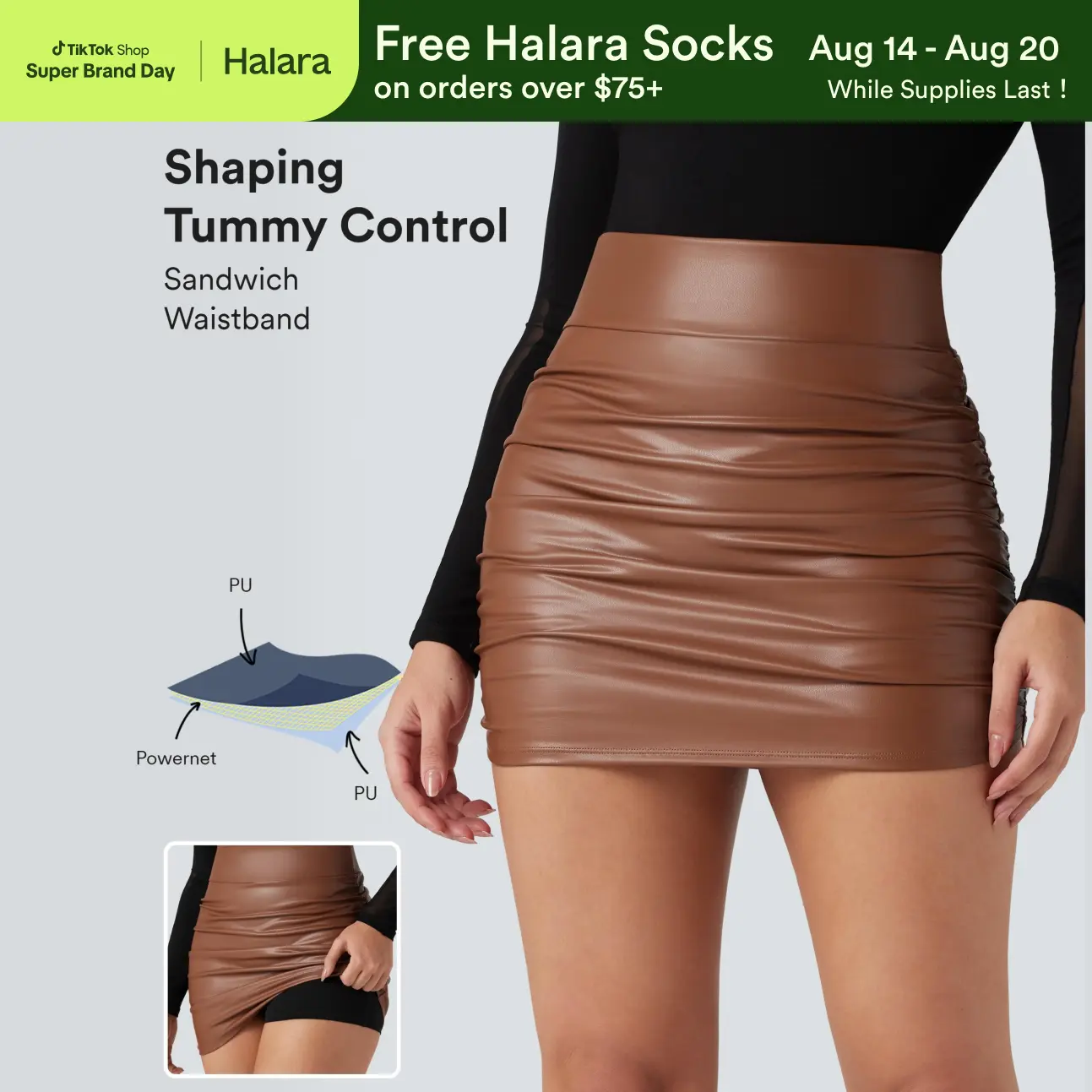 【Creator‘s Pick】Halara High Waisted Tummy Control Ruched Curved Hem 2-in-1 Fleece PU Mini Bodycon Skirt