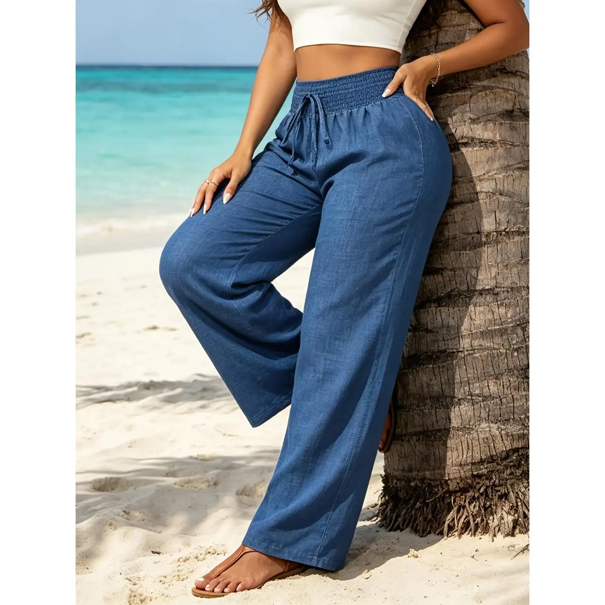 Women's High-Waist Wide-Leg Polyester Trousers - Casual Solid Full-Length, Elastic Waist, Loose Flowing, Machine Washable, Cold Wash for Beach Travel
