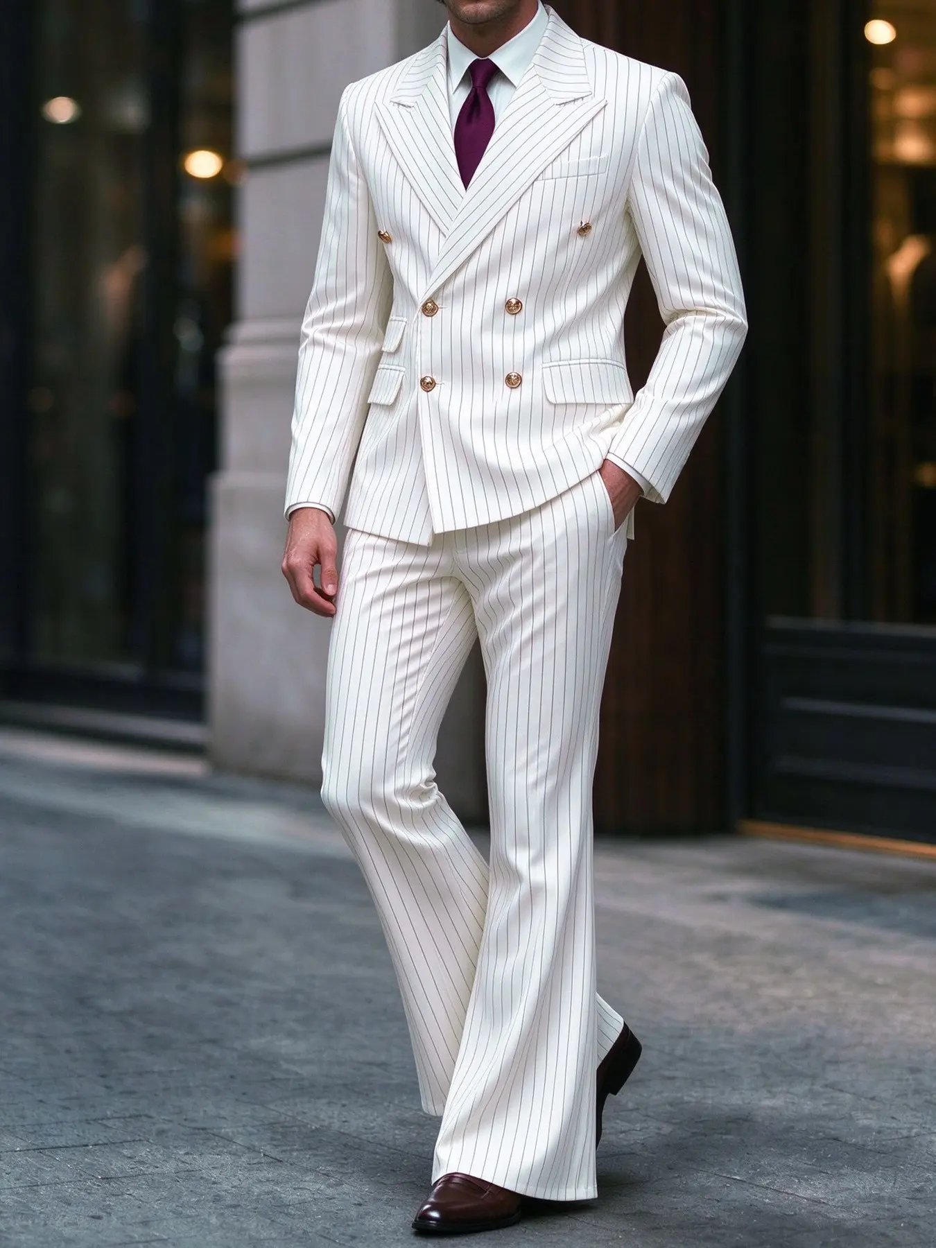 Men's Suit Set Two-Piece, Fashionable Striped Fabric Jacket + Wide Leg Pants, Ideal for Travel, Weddings, Banquets, Elegant Formal Wear