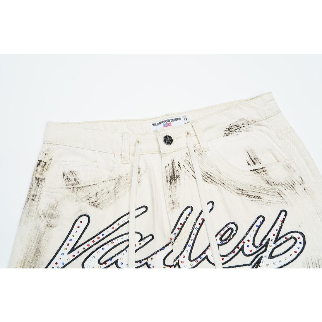 Vale Sports Valley Dreams Vintage Washed Distressed Print Full Rhinestone Bling Diamond Harajuku Letter Embroidery Baggy Denim Shorts European American Hip Hop Y2K Streetwear Loose Knee Length Casual Sparkly Trendy Jeans Shorts For Men Unisex