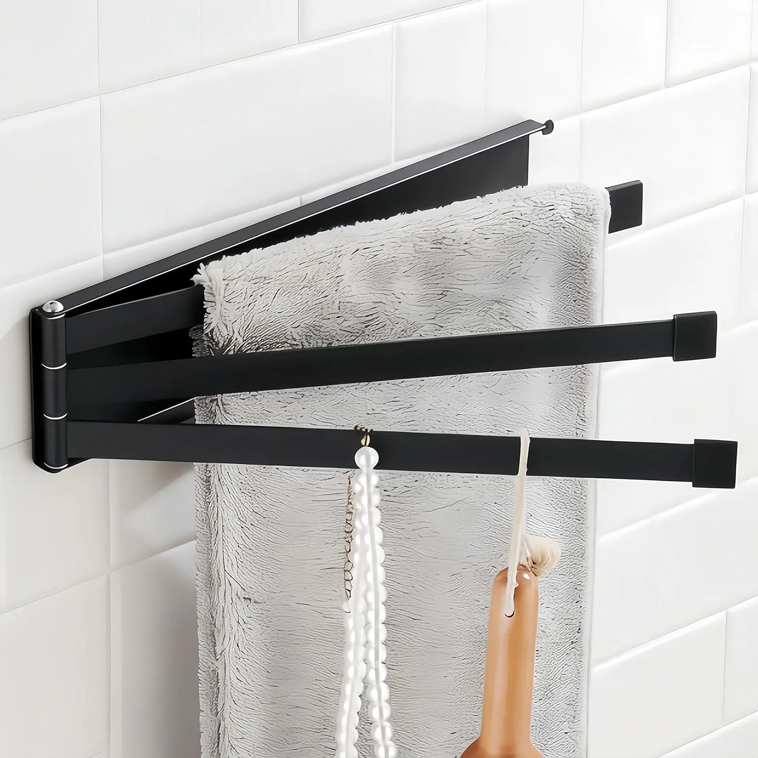 Swivel Kitchen Towel Rack, 9.45 inch, 3-Arm, Black | 24cm Small Foldable Rotating Towel Bar Rod, Space Saving Wall Mounted Holder, Stainless Steel Swing Out Hanger for Bathroom