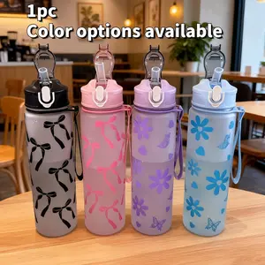 Cute bow cup, portable outdoor water bottle, 800ML large capacity, PC material, leak proof spring cover, easy to carry, stylish design