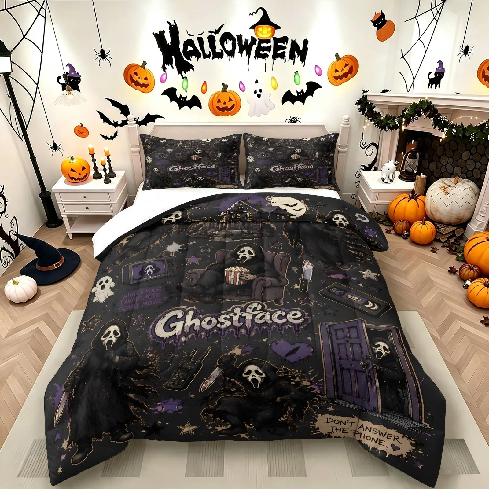 Vintage Graffiti Ghostface Haunted House Landline Recording Tape Pumpkin Comforter Set & 1-2 Pillowcases, Comfortable Easy Care Bedding, Perfect for Halloween or Horror Movie Fans Bedroom Dorm Decor