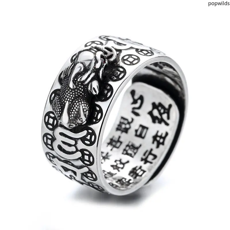 Vintage Thai Silver Ring For Men Pixiu Ruby Inlaid Vajra Om Mani Padme Hum Scripture Adjustable Open Finger Ring Trend Male Hand Jewelry