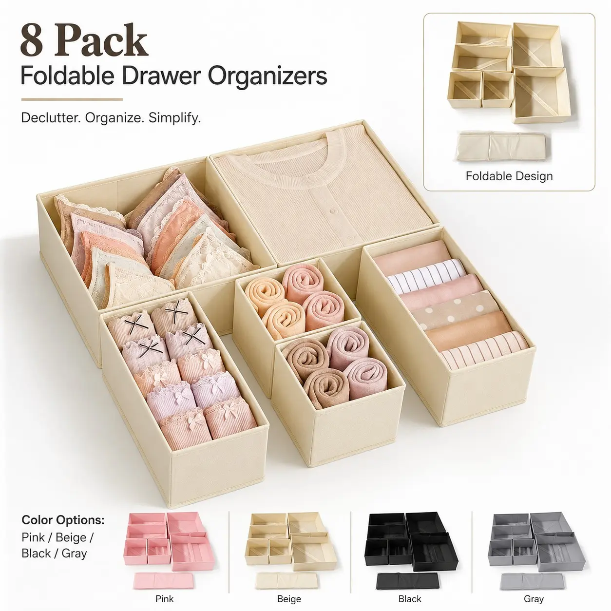 8 Pack Foldable Drawer Organizers, Non-Woven Fabric Underwear Storage Boxes with Dividers, Closet Bins for Socks, Bras, Belts, Scarves and Accessories, Available in Pink, Beige, Black and Gray