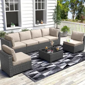 7 Piece Modular Wicker Patio Furniture Set, All-Weather Outdoor Sectional Sofa with Tempered Glass Coffee Table, PE Rattan Conversation Couch with Washable Thick Cushions for Backyard Garden Deck Porc
