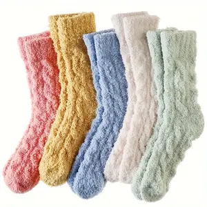 5 Pairs Women's Cable Knit Fuzzy Socks, Ultra Soft Cozy Warm Coral Fleece Crew Socks, Pastel Color Fluffy Plush Socks for Winter Home Sleep Daily Wear Womenswear