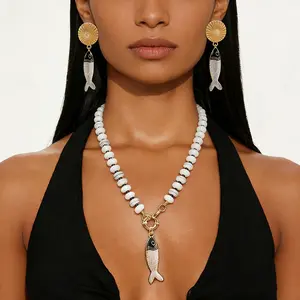 Boho Coastal Fish Pendant Beaded Necklace for Women, White Flat Disc Bead Choker with Enamel Fish Charm, Vintage Tribal Summer Beach Vacation Jewelry Gift