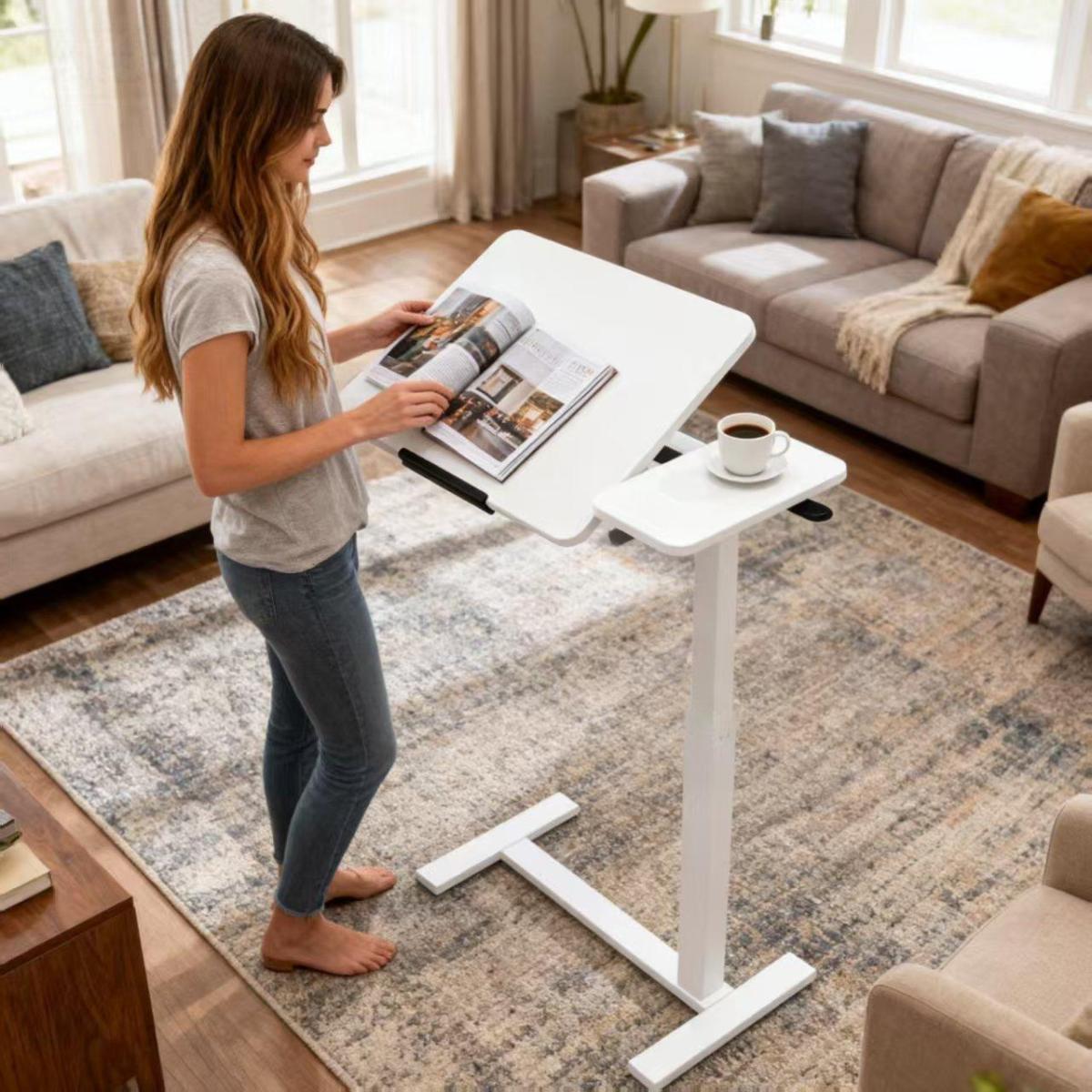 Mobile Adiustable Standing Desk, Overbed bedside desk with Flip Desktop and 4 Wheels, Height & Angle Adjustable Rolling Laptop table,Portable Over Bed Desk for Home, Office, Study, hospital.white