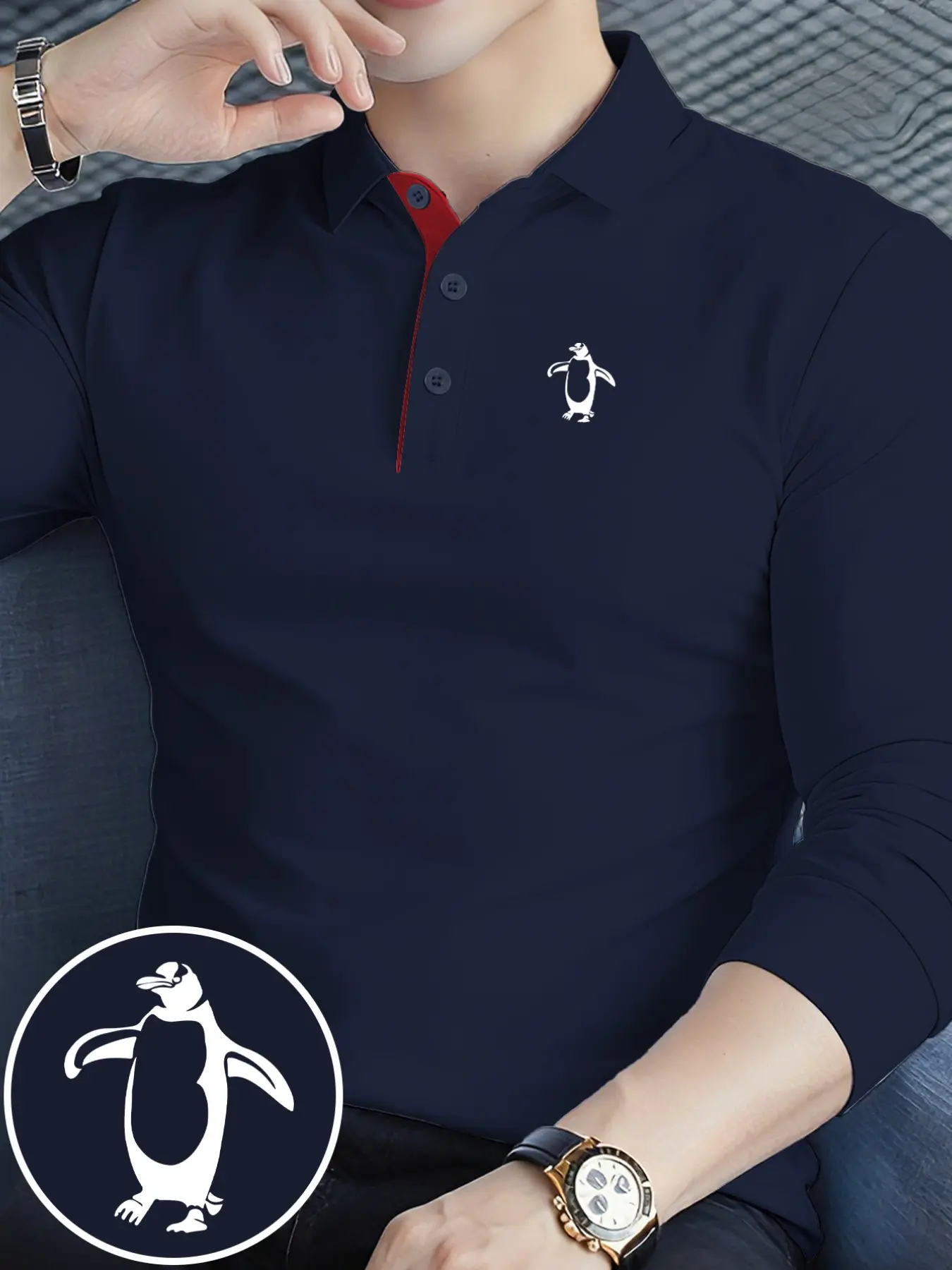 Men's Golf Long Sleeve Polo Shirt, Penguin Pattern Print, Fitted Casual Top, Breathable and Comfortable, All-Season Wear