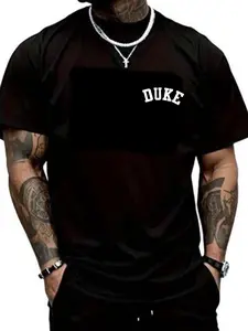 Duke College Style Letter Print T-Shirt, Comfortable Home Wear, American Campus Men's Daily/stay-At-Home Short Sleeve Top