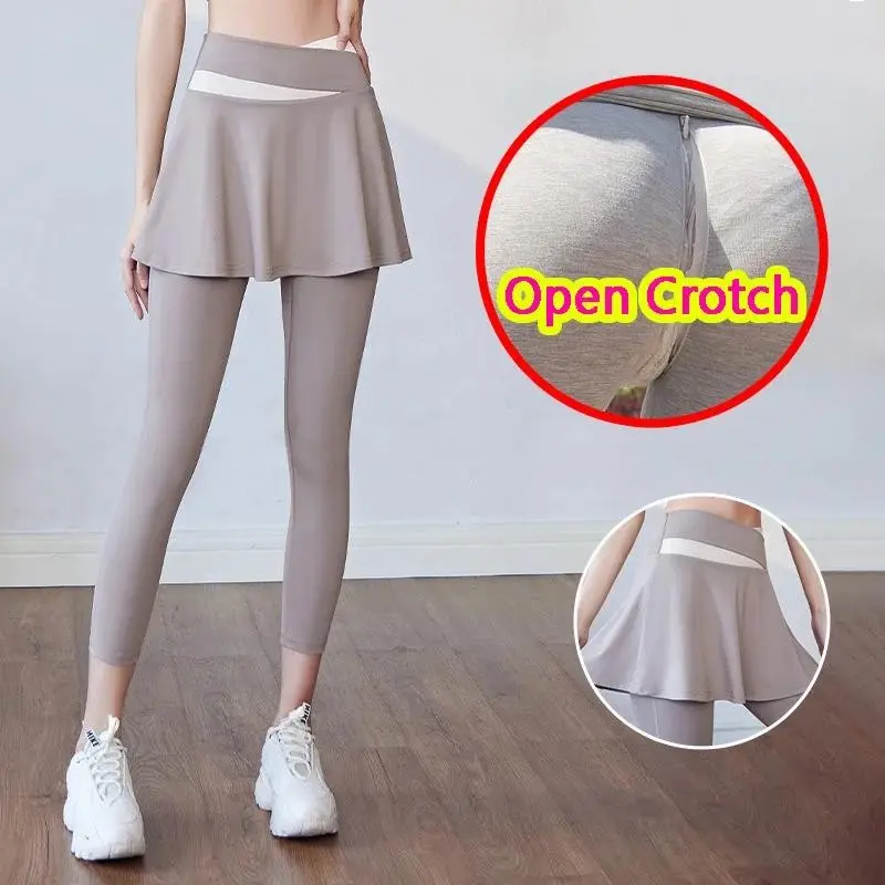 Woman Open Crotch Leggings with Fake Skirt Hidden Zippers Crotchless Panties Elastic Skinny Sport Girl Open Seats Pants Gifts leggings gym outfits workout sets Breathable Activewear Bottoms High Waist Compression