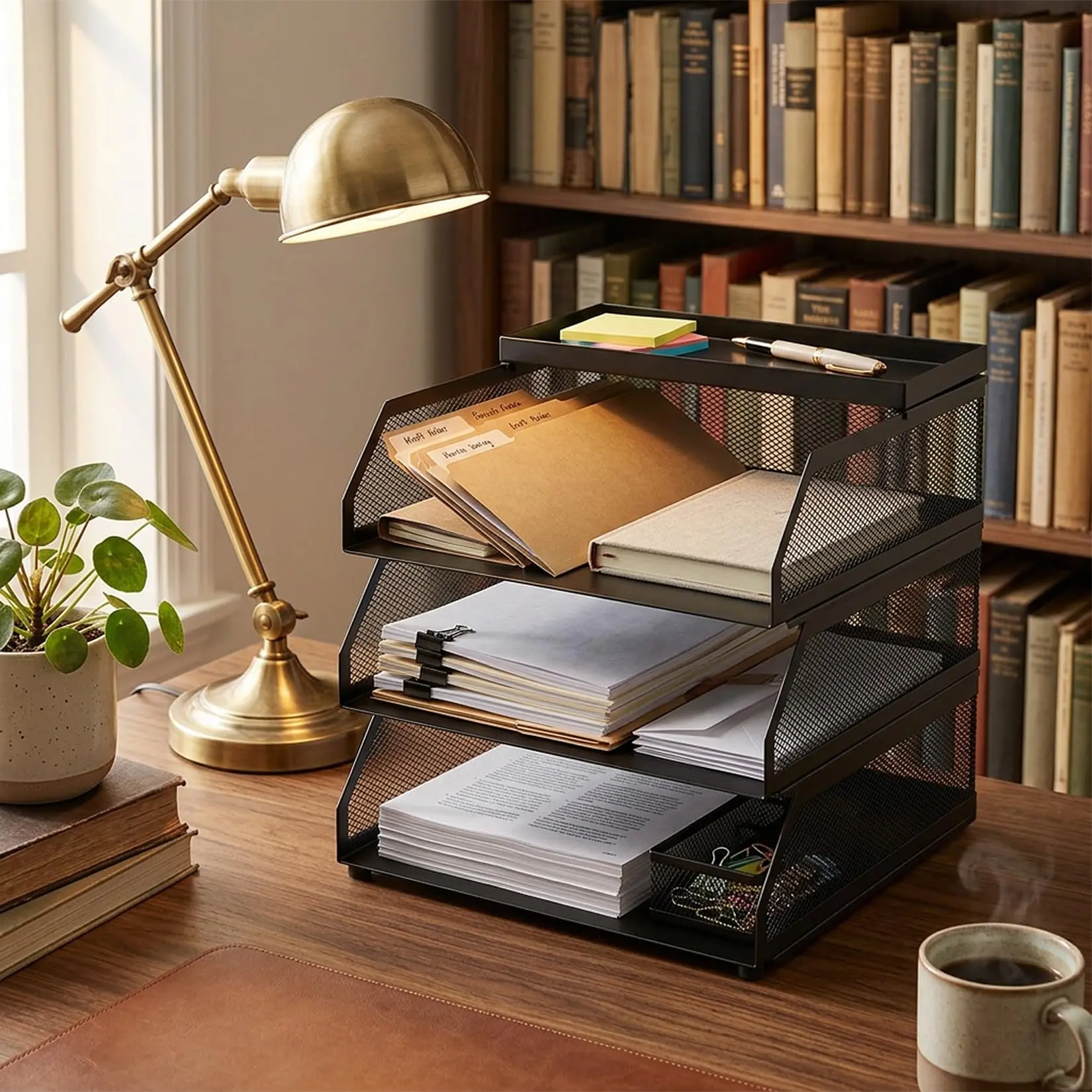 GAOMON 3-Tier Stackable Mesh Desk Organizer in Black Metal with Durable, Mark-Resistant File Rack, Slanted Letter and Folder Holders, Top Shelf, and Multiple Layers for Efficient Office Desktop Storage