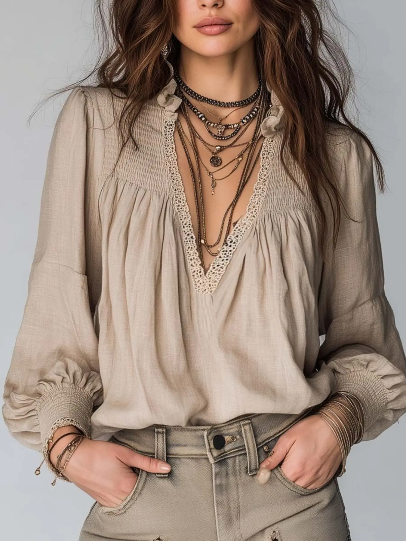 Women's Boho Light Khaki Lace Trim Deep V-Neck Blouse, Smocked Lantern Sleeve Loose Top