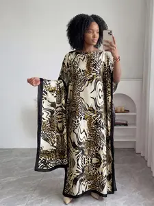 2-Piece Leopard Print Robe Set, Hooded Cape Dress + Long Headscarf Scarf, Women's Beach Sun Protection Silk Ribbon