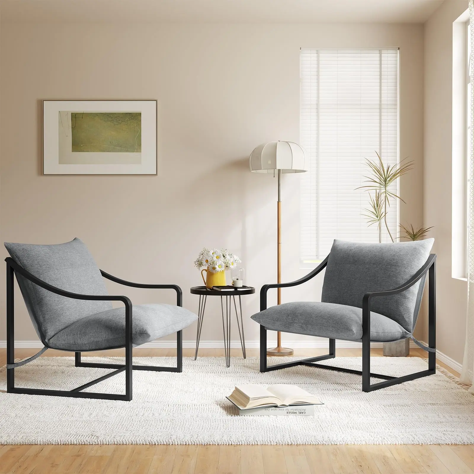 Modern Sling Accent Chair Set of 2, Comfy Fabric Living Room Chairs with Heavy Duty Metal Frame – Grey, Easy Assembly