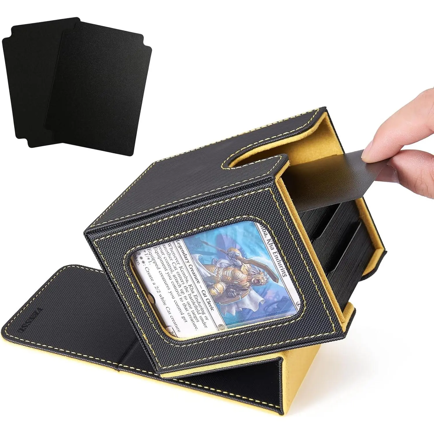 MTG Deck Box for Commander Display, Fits 100 Double Sleeved Cards, TCG Card Storage Box (Black and Yellow, 1 Window)
