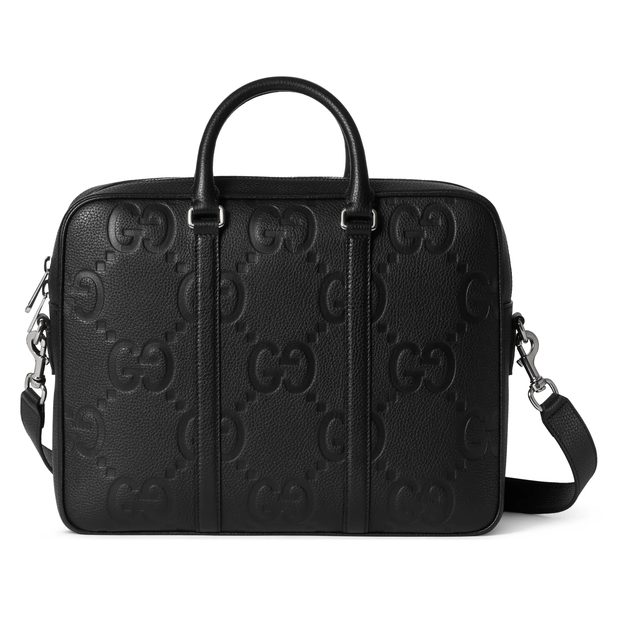 Gucci Leather Briefcase with Detachable Adjustable Strap, Zip Closure, Large Size, Men's Crossbody and Shoulder Bag, Black