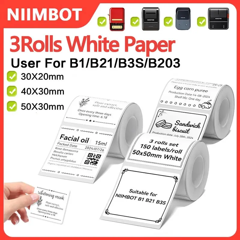 3 Rolls Niimbot Thermal Label Paper, Waterproof Oil-Resistant Self-Adhesive Labels, Compatible with Jingshen Printers, Storage Container Labels