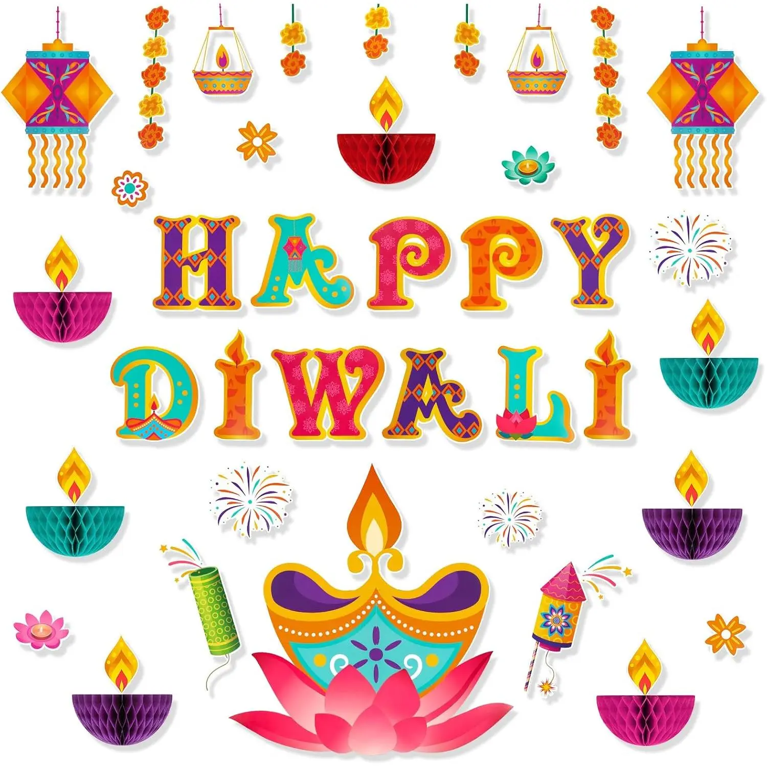 49 Pieces Diwali Decorations Set, 3D Diya Lamp Happy Diwali Cutouts for Home & School Wall Bulletin Board, India Festival of Lights Decorations