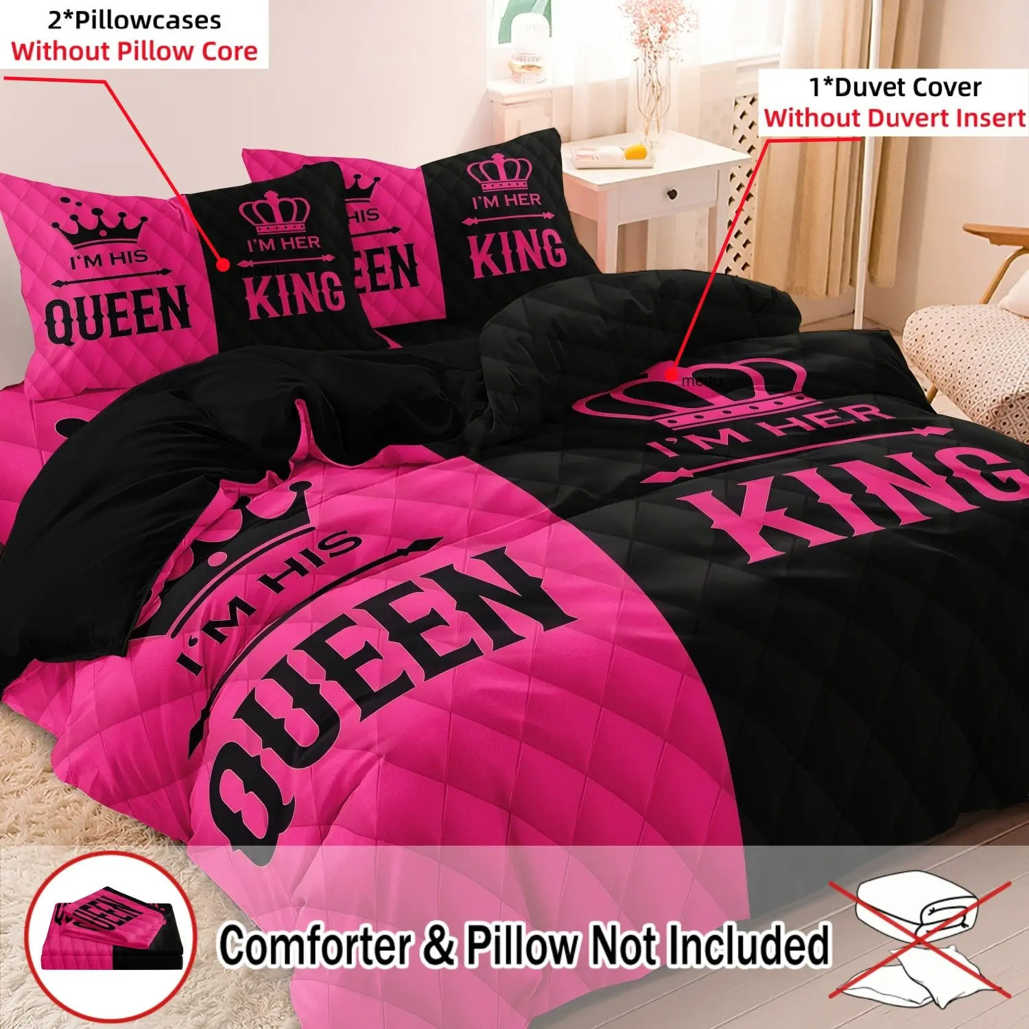 3pcs Couple's Duvet Cover Set, King and Queen Theme Bedding Set, 1 Duvet Cover and 2 Pillowcases (No Inserts), All-Season Home Bedroom Romantic Crown Design, Pink and Black Contrast, Duvet Covers Sets
