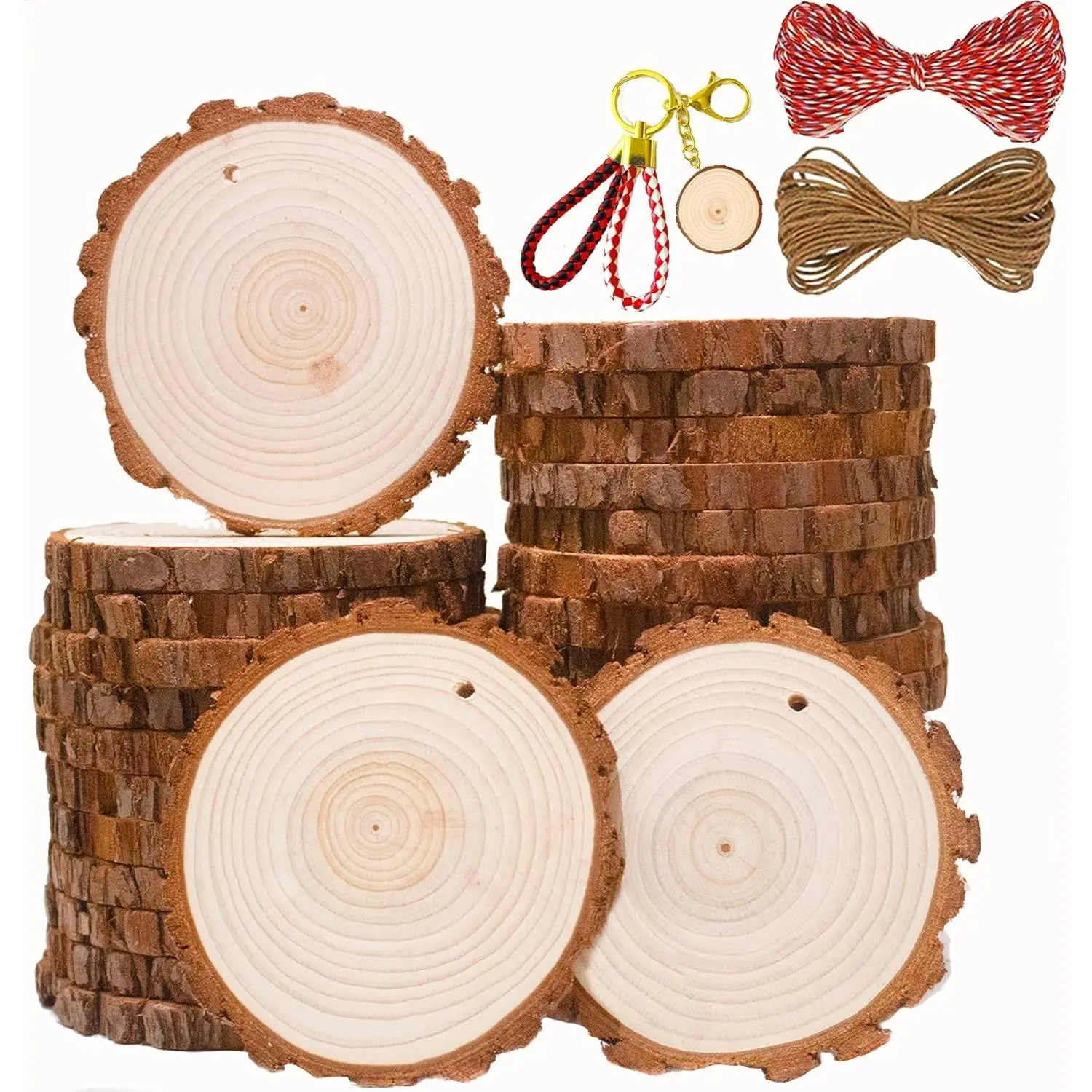 Wood Slices 30 Count 3.1-3.6 inch Natural Rounds Unfinished Wooden Circles Christmas Wood Ornaments for Crafts Wood Kit Predrilled with Hole Wood Coasters, Craft Supplies for DIY and Painting