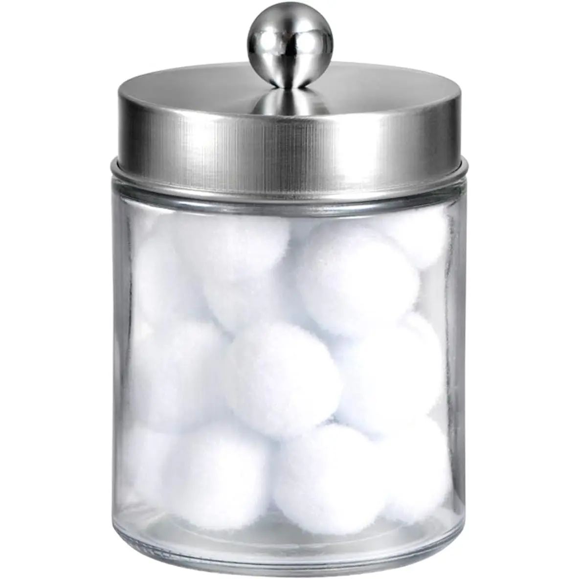 Vintage Stainless Steel Waterproof Metal Apothecary Jar - Brushed Nickel Bathroom Vanity Organizer, Removable Lid Countertop Canister, Qtip Dispenser Glass Gift (1 Pack, Stickers Included)
