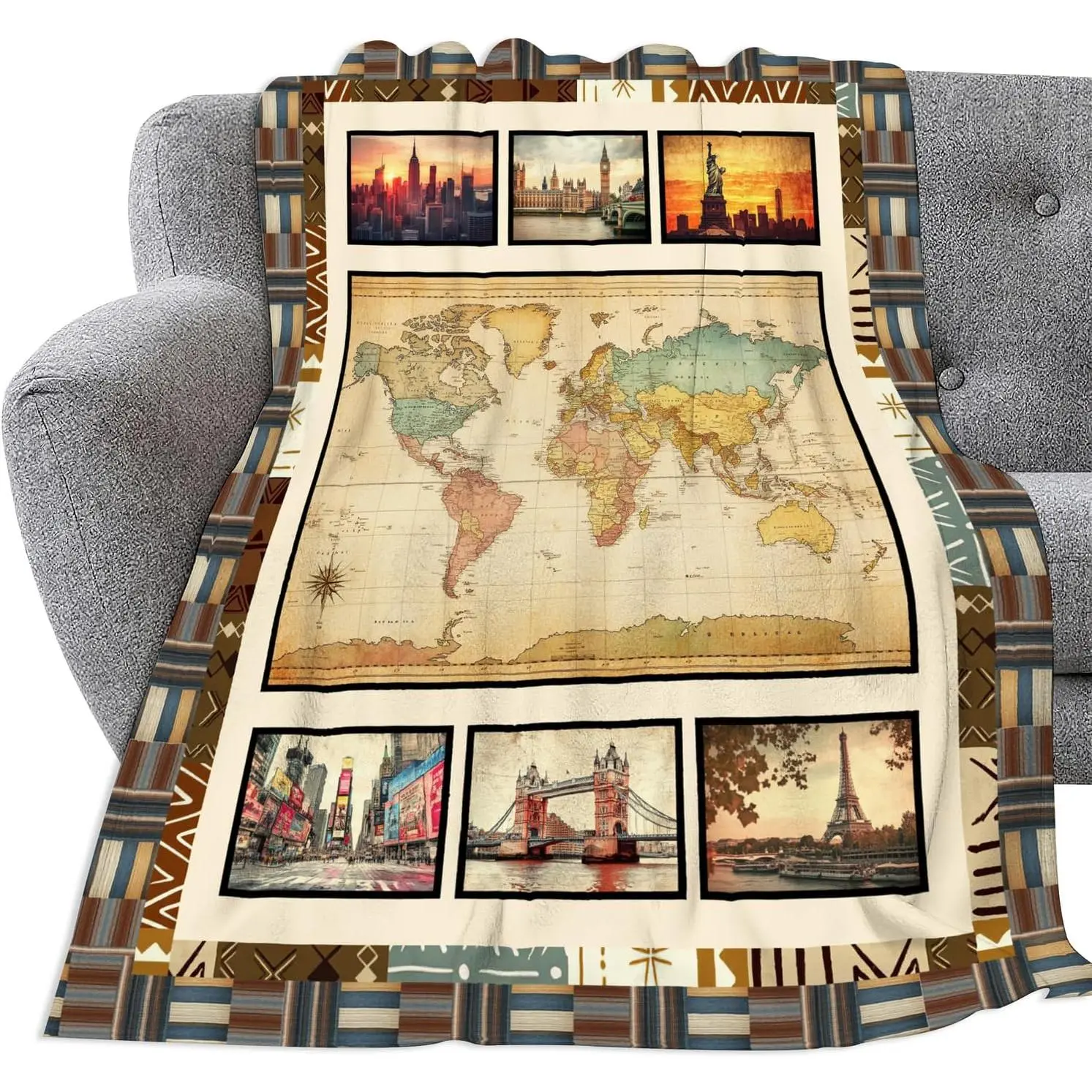 World Map Cityscape Fleece Blend Throw Blanket, Ultra-Soft Lightweight Cozy Print, Home Use Gift for Kids, Couch Sofa Bed Accessory