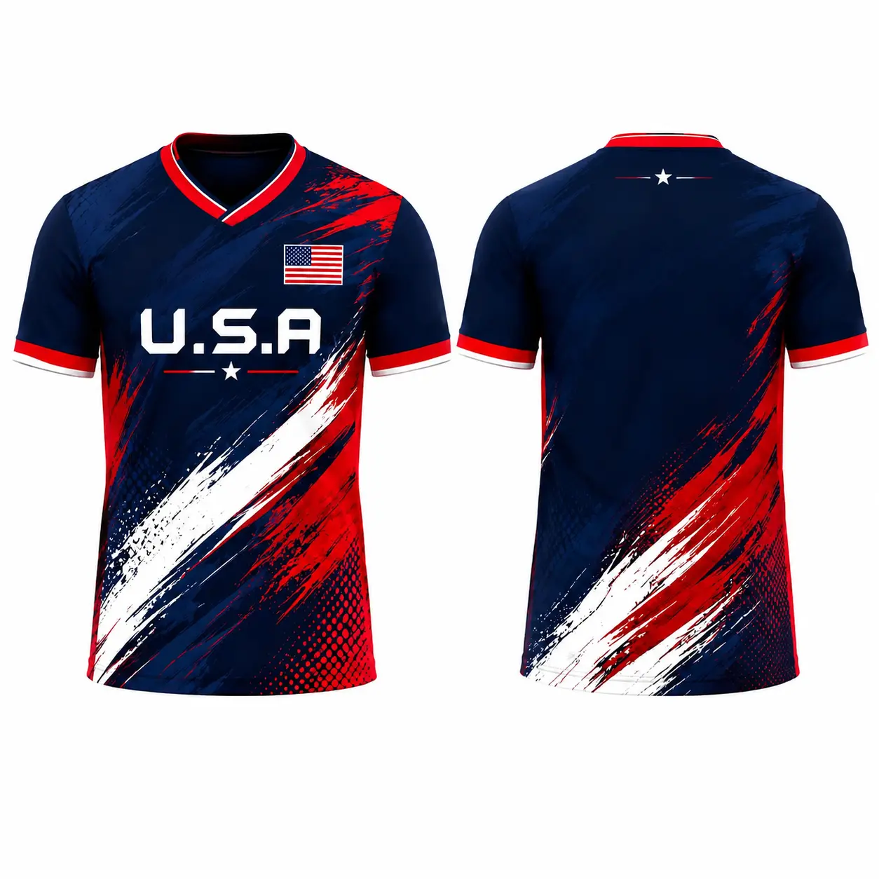 Unisex USA Patriotic V-Neck Jersey Shirt - Polyester Short Sleeve Top with Flag-Inspired Print, Lightweight Breathable Sports Style for Summer, Daily Casual Wear, Gift
