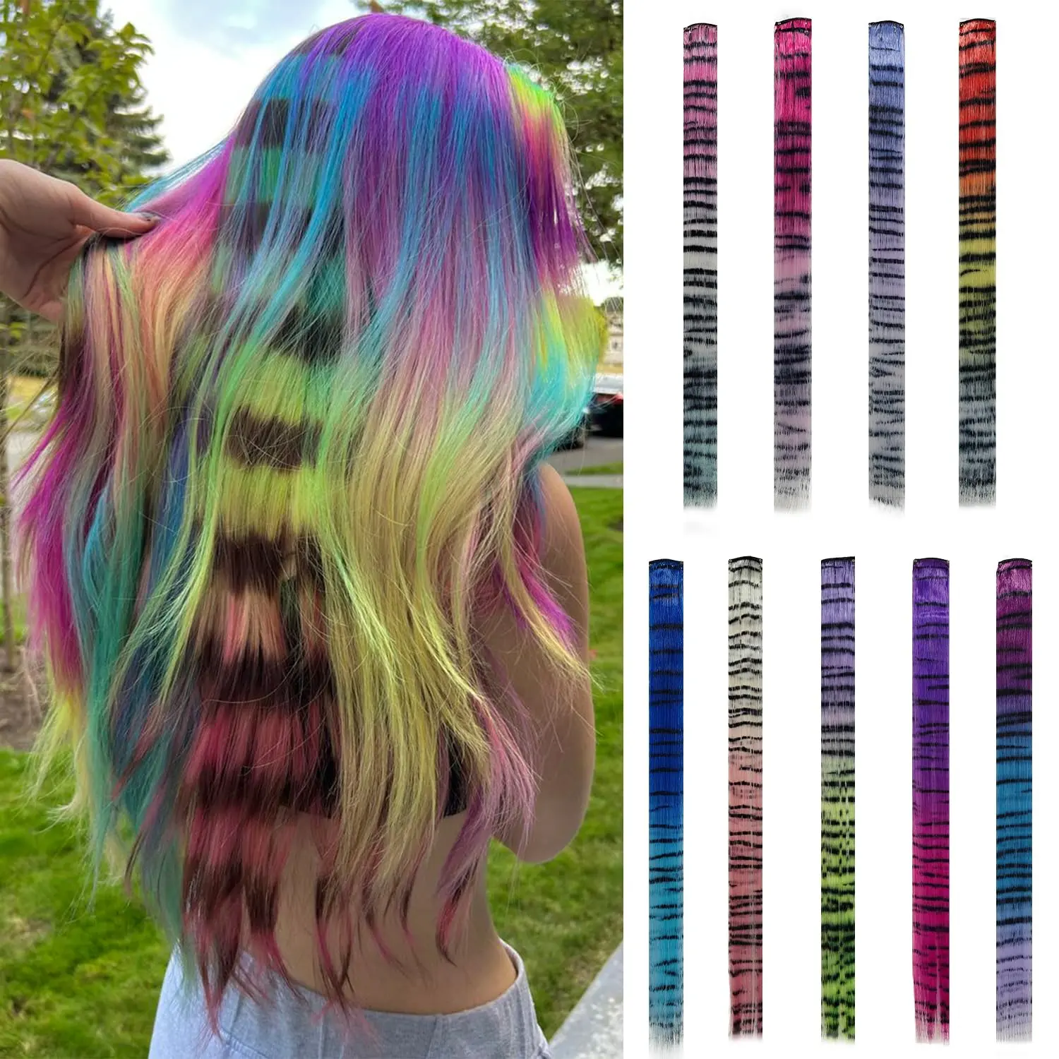 9 count/pack 20 Inch  Hair Extensions Long Straight Scene Hair Extensions Colorful Striped Hairpieces Leopard Print Hair Accessories Leopard Print Gifts for Women
