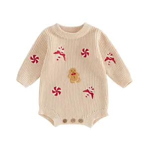 Infant Baby Girl Christmas Sweater Romper Candy Cane Gingerbread Man Embroidery Long Sleeve Bodysuits Jumpsuits Winter 0-18 Months