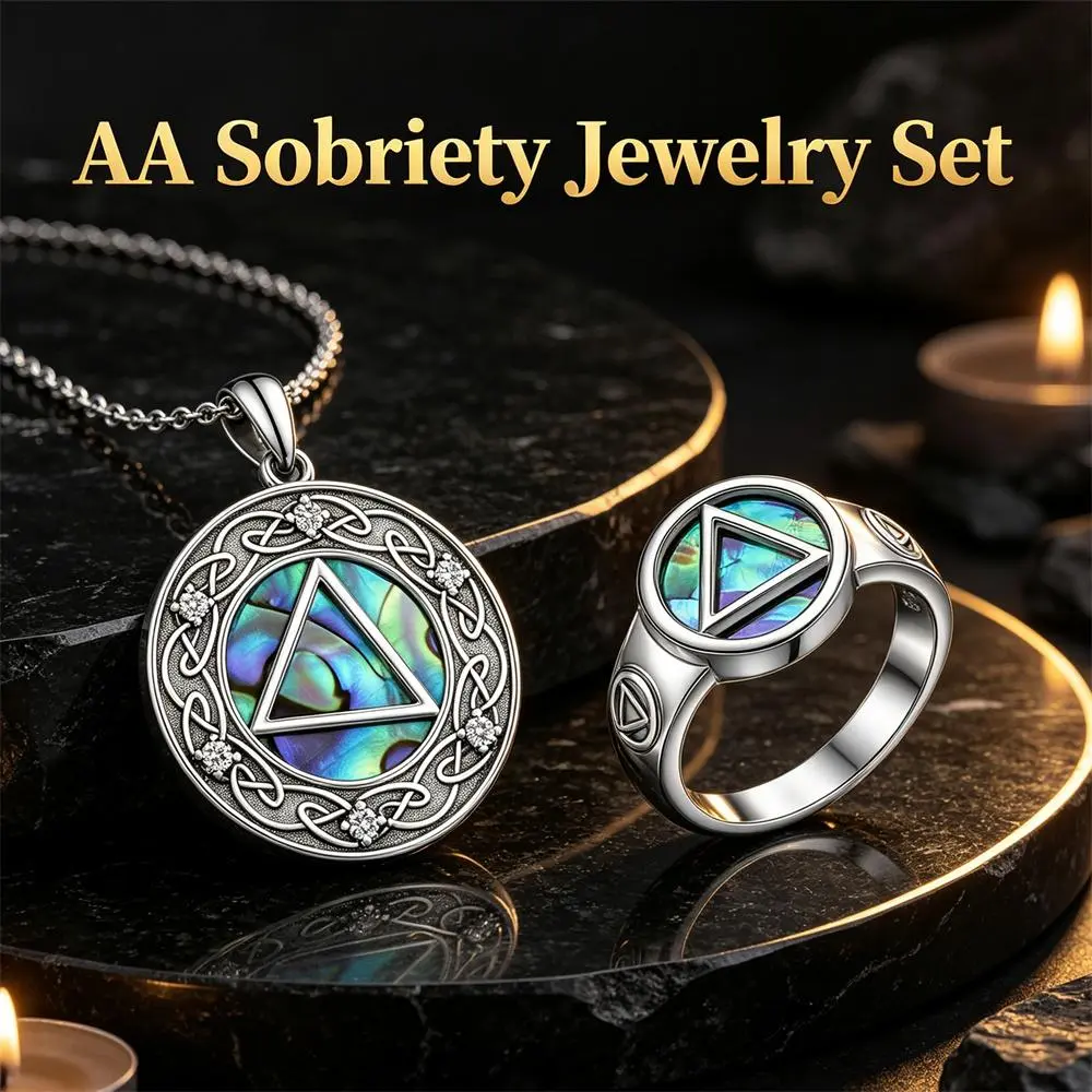 Women's Stainless Steel AA Sobriety Jewelry Set with Abalone Shell Pendant Necklace & Matching Triangle Ring - One Day at a Time Celtic Design, Elegant Meaningful Recovery Gift for Women, Strength Milestone Jewelry