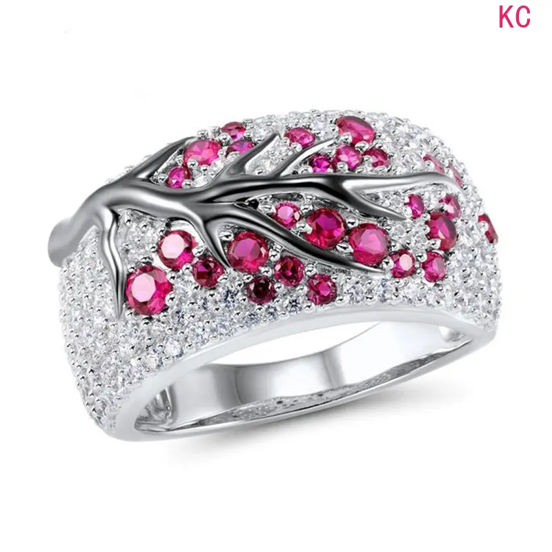 Two Tone Gold Plated Branch Matching Ring Set, Creative Diamond & Plum Blossom Enamel Finger Jewelry For Women Daily Styling Accessory