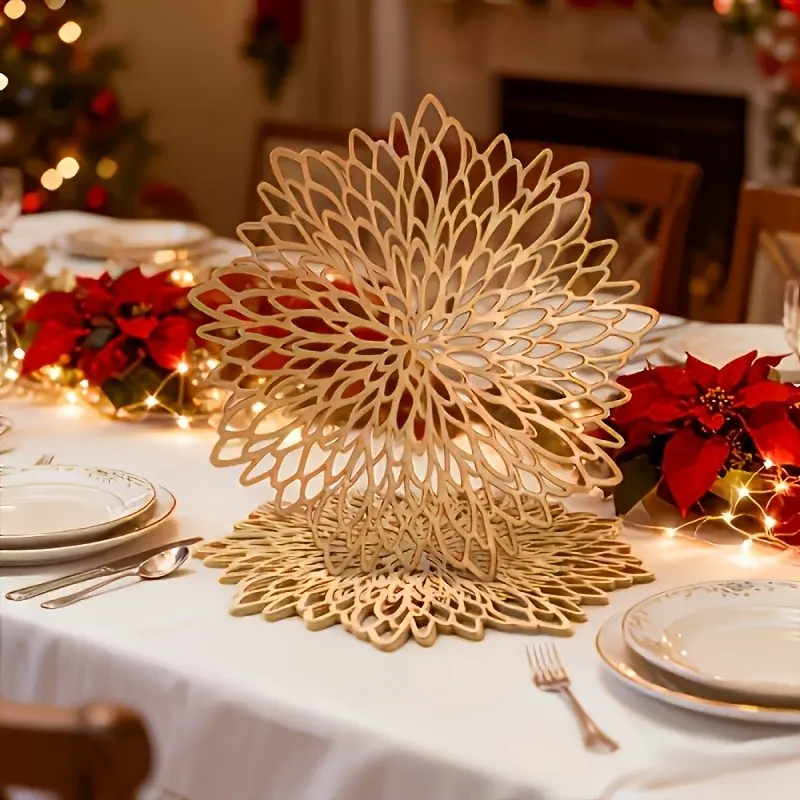 8pcs Elegant Table Mats, Gold Leaf Vine Pattern, Durable PP Plastic, Marble Texture, Hollow Out Design, Easy Clean, Ideal for Luxury Round Tables, Placemat